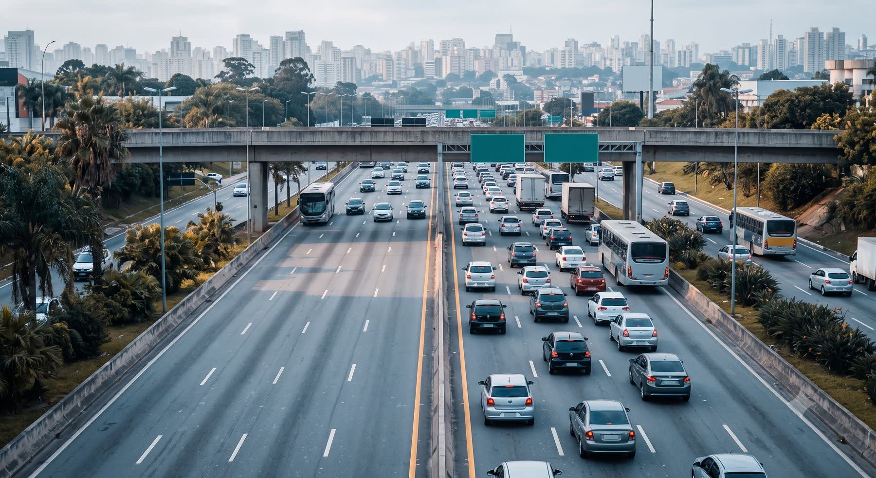 via expressa urbana com tráfego intenso, vista de cima